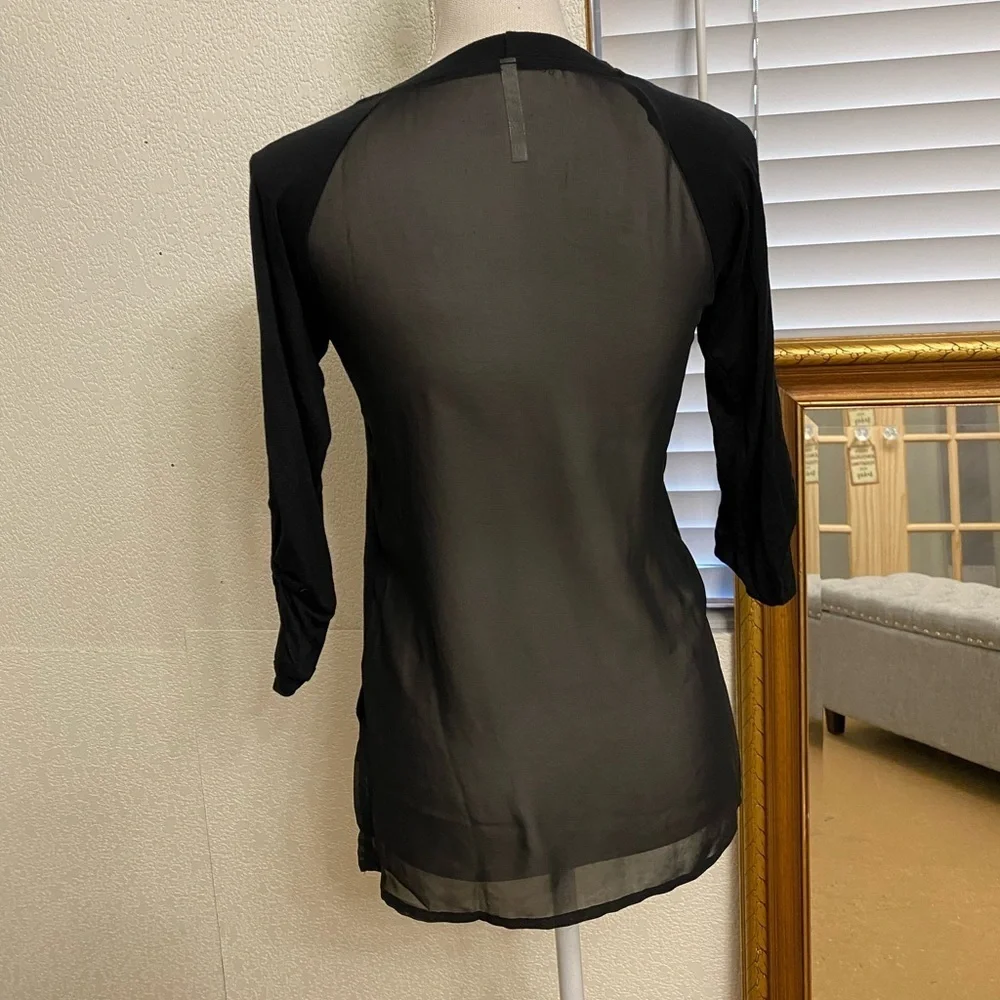DNA Couture black 3/4 sleeve sheer back hi low top, Sz. S